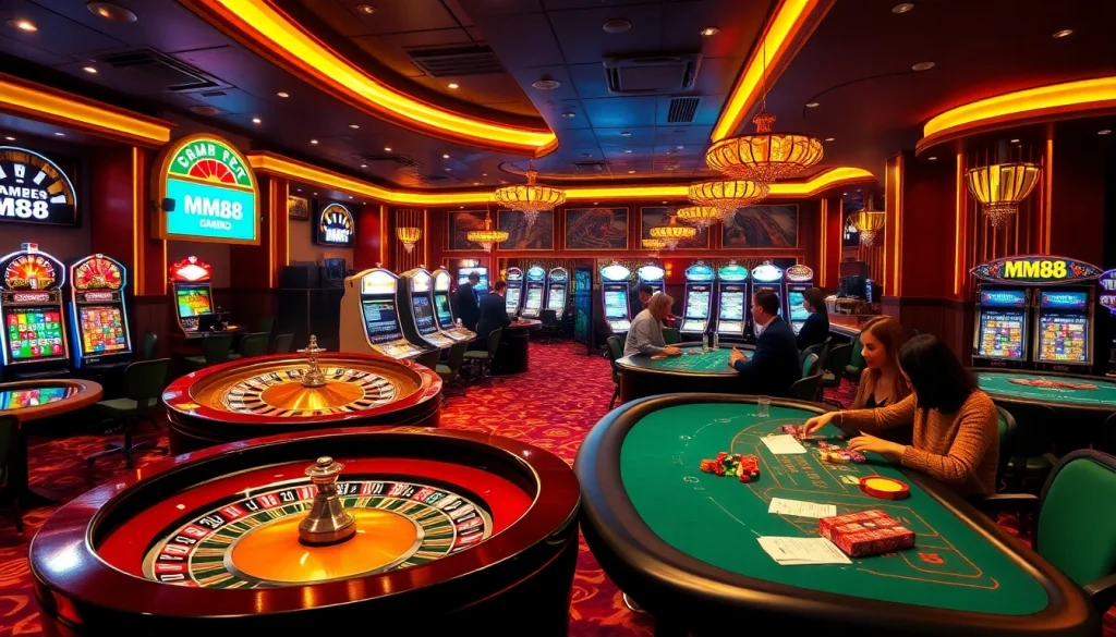 MM88 casino players enjoying a luxurious gaming experience at roulette and poker tables