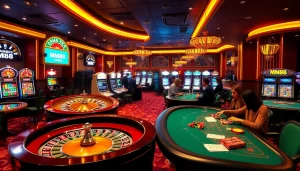 MM88 casino players enjoying a luxurious gaming experience at roulette and poker tables