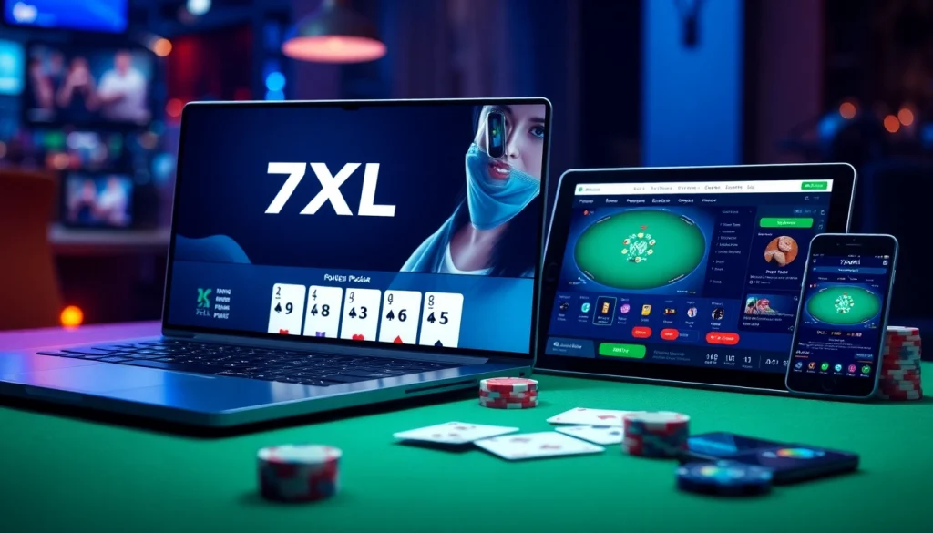 פלטפורמת פוקר אונליין 7XL המציגה משחקיות תוססת על מכשירים שונים עם צ'יפים של פוקר.