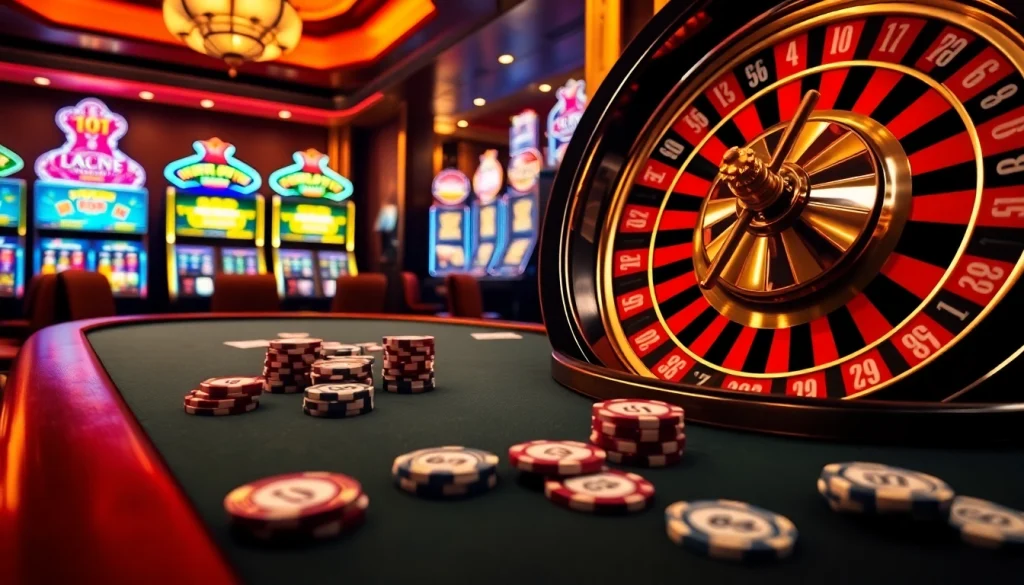Experience thrilling casino games at 8s poker tables with vibrant slot machines in an exciting atmosphere.