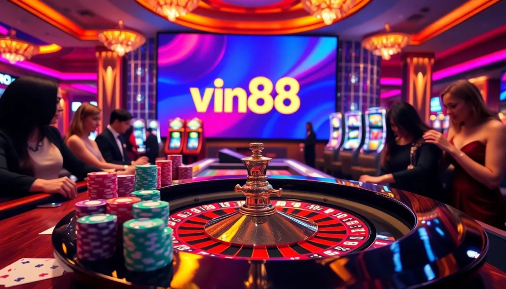 Experience the thrill of winning at vn88 with a vibrant casino scene featuring roulette and poker.