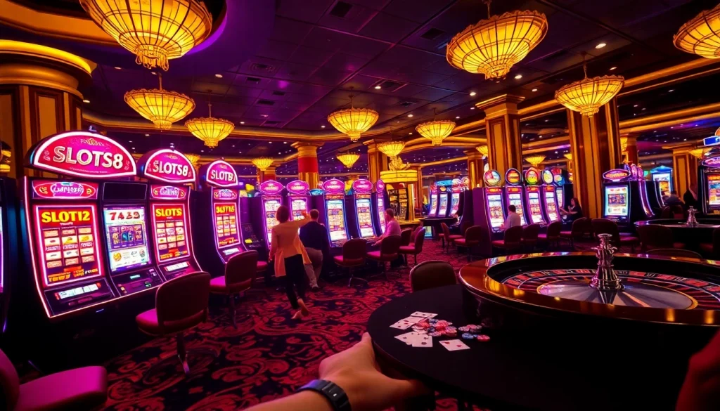 Experience the excitement of SLOTS8 with vibrant slot machines and a luxurious casino atmosphere.
