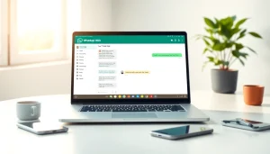 在明亮工作区的一台现代笔记本电脑上显示的 WhatsApp Web 界面，展示了 快连官网