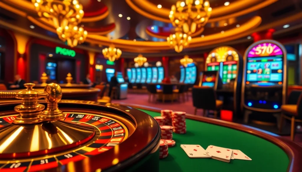 Experience the thrill of gambling with 5z777 at an upscale casino featuring roulette and slot machines.