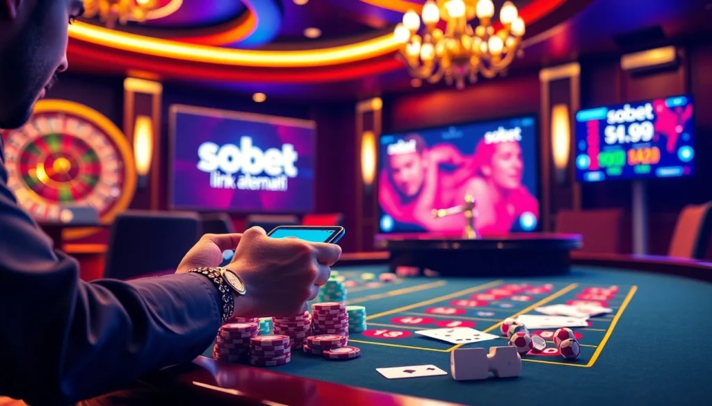 Gambling action at a casino table with sbobet link alternatif displayed on a mobile device.