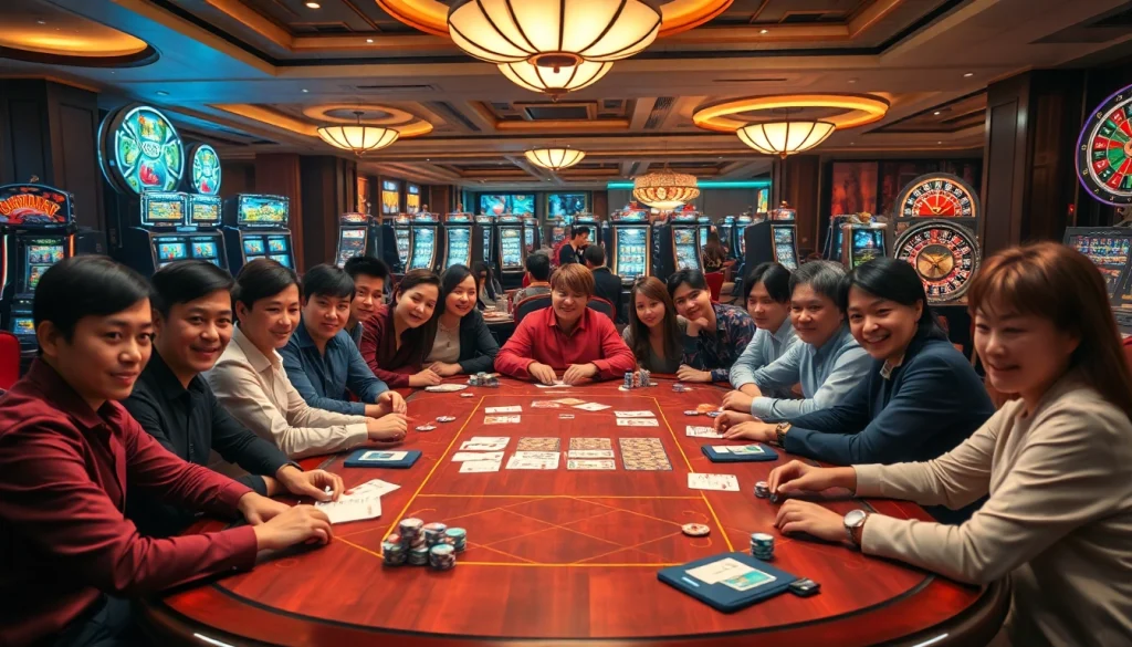 Xóc đĩa players engaged in strategy at a vibrant casino table with chips and betting slips.