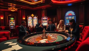 Experience the thrill of gambling at a luxury casino with chips, roulette, and slot machines.