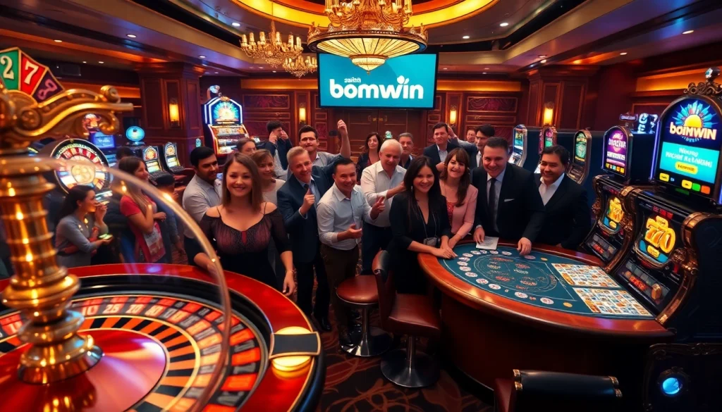 Excited players engaging in gameplay, highlighting Đăng nhập bomwin at a luxury casino setting.