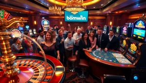 Excited players engaging in gameplay, highlighting Đăng nhập bomwin at a luxury casino setting.