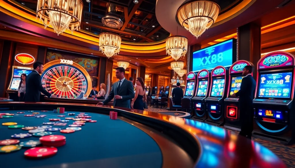 Experience thrilling poker action at XX88's luxurious casino table with vibrant chips and cards.
