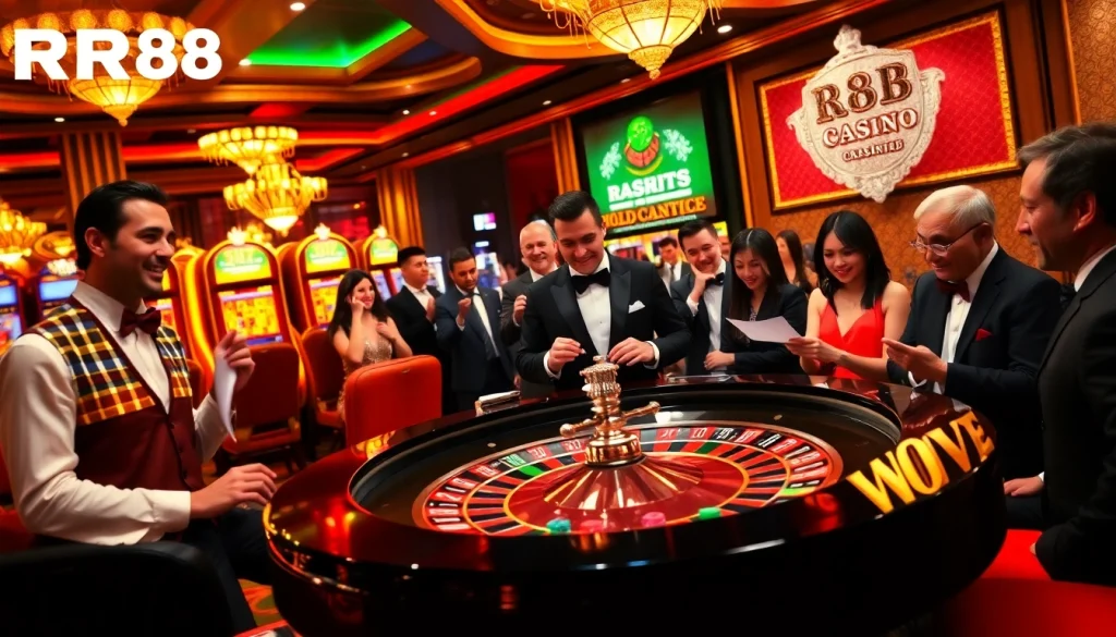 rr88 có uy tín không showcased by an exciting casino scene with roulette, players, and vibrant atmosphere