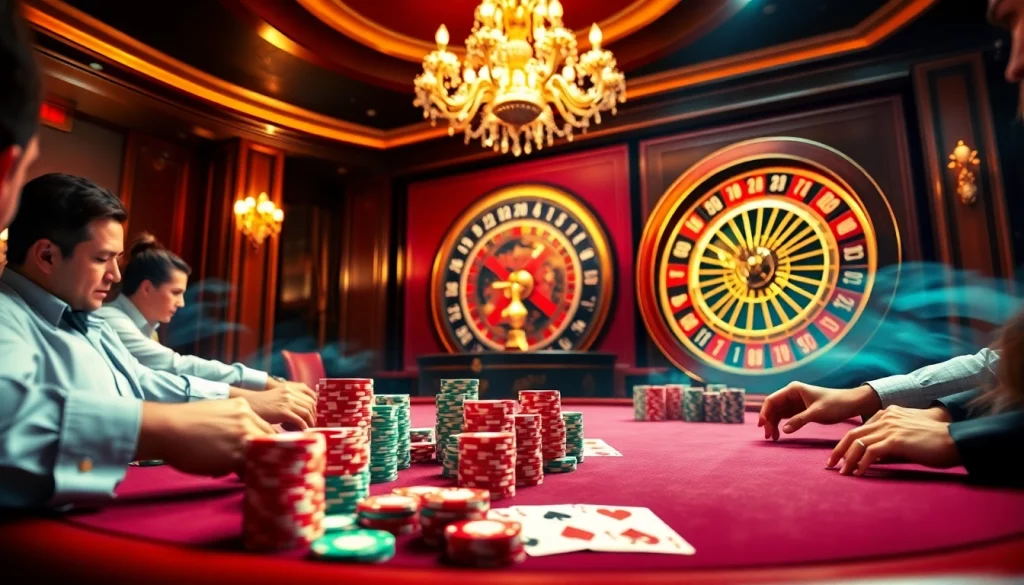 Experience thrilling gameplay at mmoo88.us.com with vibrant poker tables, chips, and illuminating roulette wheels.