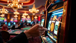 Experience the thrill of luxury12 with an elegant casino scene featuring vibrant slot machines and excited players.