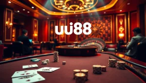 Play exciting casino games at uu88 with poker chips and a roulette wheel in a luxurious gaming atmosphere.