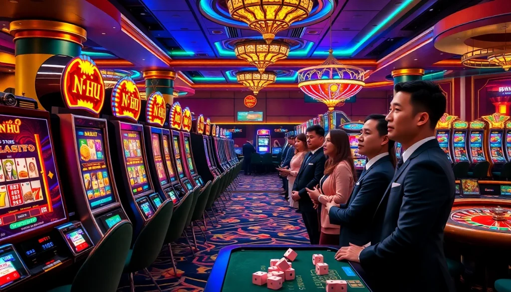 Nổ Hũ slot machine surrounded by excited players in a vibrant casino environment.