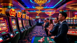 Nổ Hũ slot machine surrounded by excited players in a vibrant casino environment.