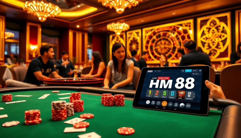 Engaging players at a luxurious poker table and roulette wheel depicting the essence of hm88 com vn online gambling.