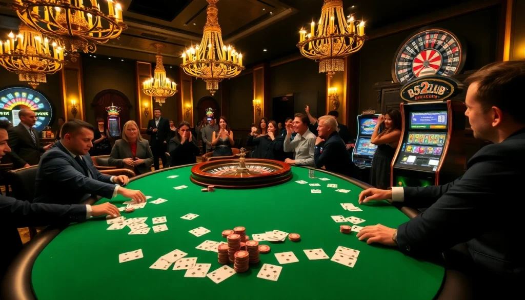 Players enjoying a thrilling poker game at B52club casino, showcasing excitement and luxury.
