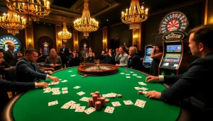 Players enjoying a thrilling poker game at B52club casino, showcasing excitement and luxury.