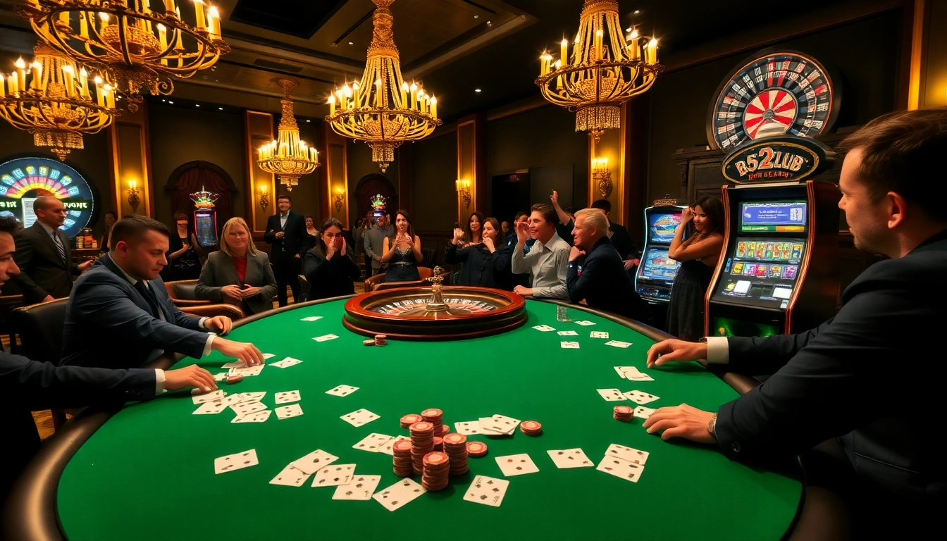 Players enjoying a thrilling poker game at B52club casino, showcasing excitement and luxury.