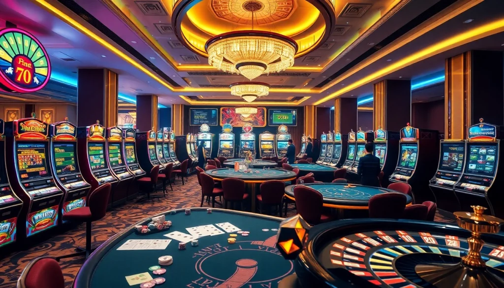 The lively casino gaming scene at Trang chủ 789F, featuring colorful slot machines and excited players at poker tables.