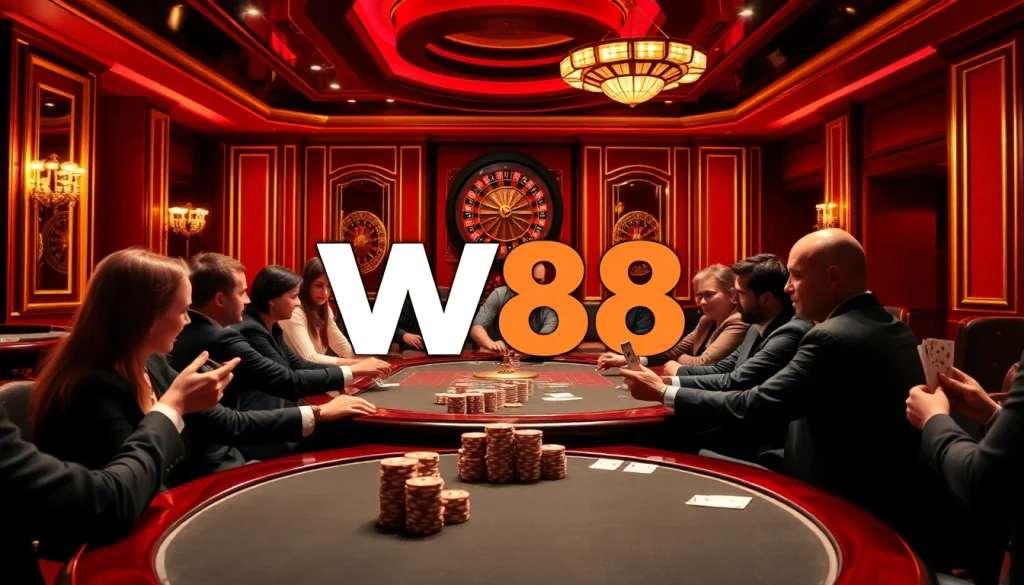 W88 players strategizing in a luxurious poker room, showcasing excitement and skill.