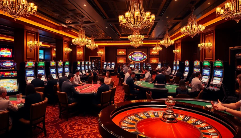 Experience thrilling gameplay at https://kk55.group with vibrant casino tables and an elegant roulette wheel.