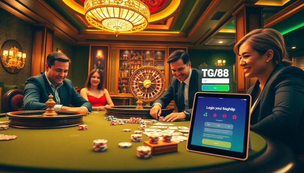 Engaging in tg88 đăng nhập at a vibrant casino with cards and roulette wheel.