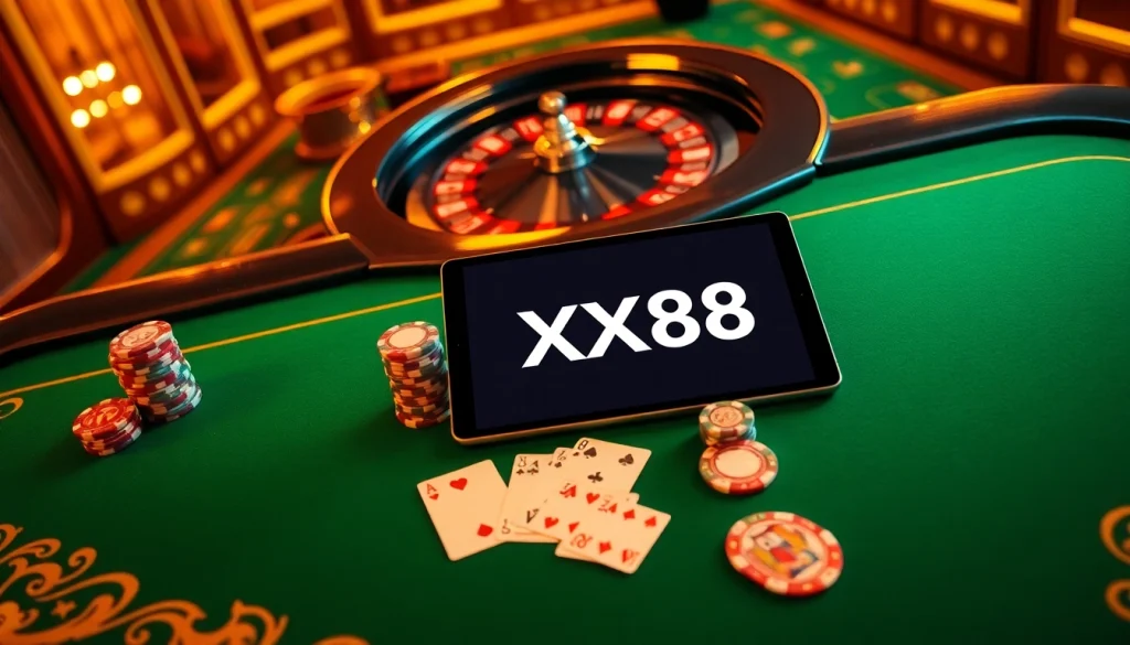Experience the thrill of XX88 with vibrant casino tables, poker chips, and roulette wheels.
