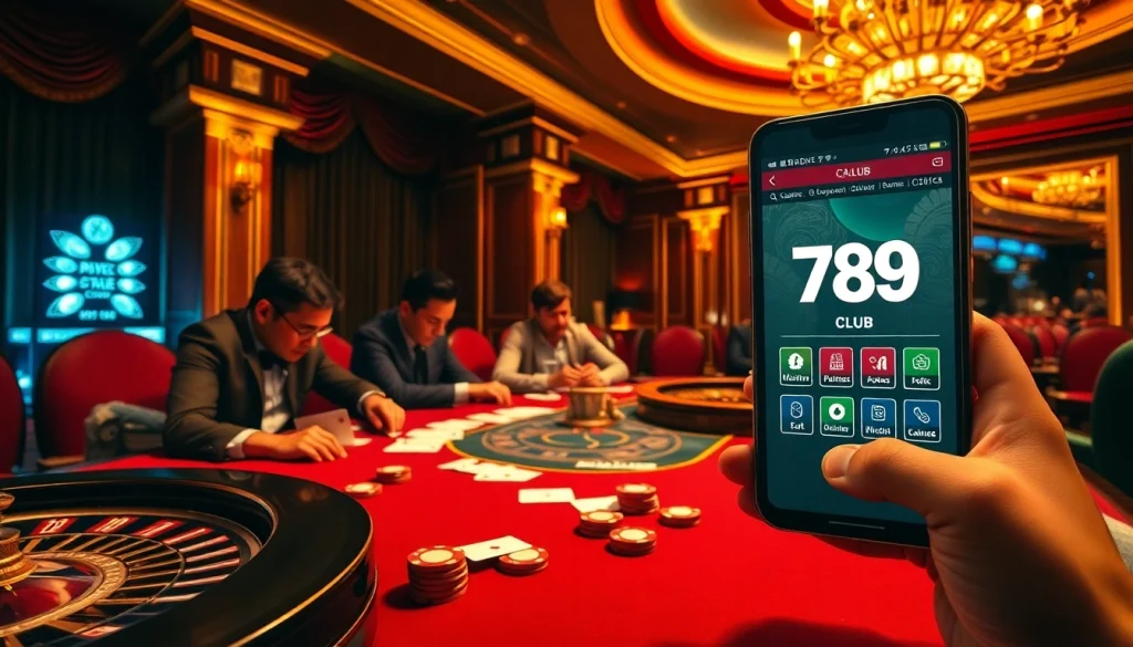 Experience the excitement of poker at 789CLUB with vibrant chips and cards in a luxurious casino setting.