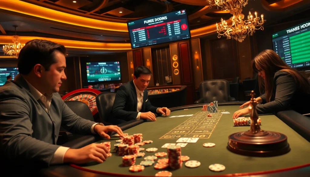 Join the action at a vibrant poker game while betting on แทงบอล with professional players at a luxurious casino.