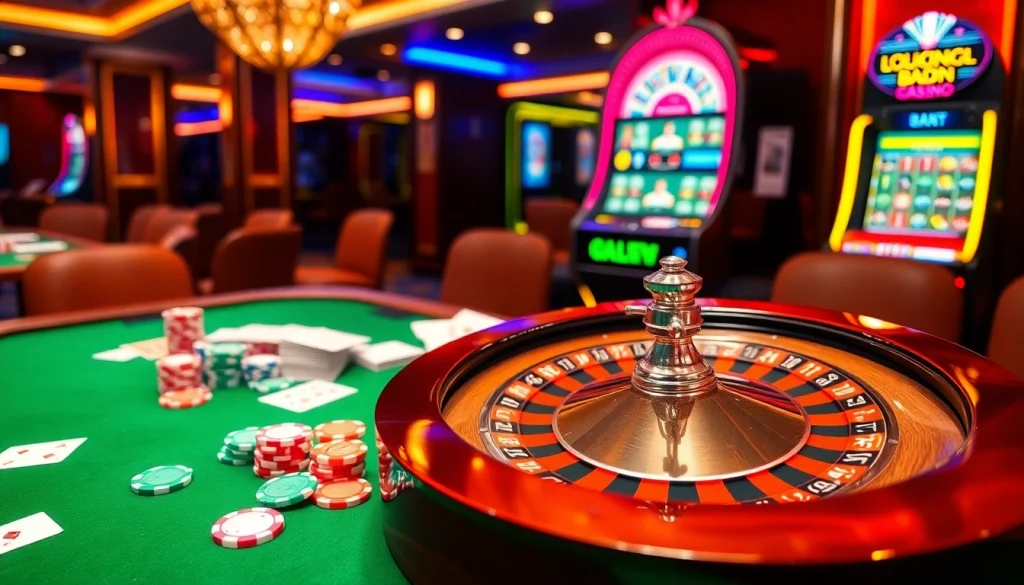 Experience the thrill of Luckywin with vibrant casino elements including roulette, cards, and chips.