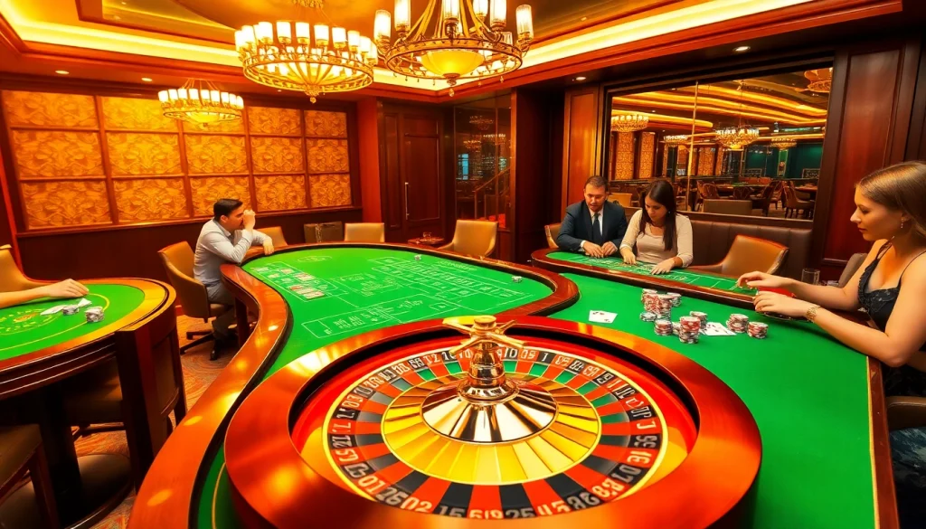 Experience the thrilling atmosphere of BL555 with players at high-stakes tables enjoying poker and roulette games.