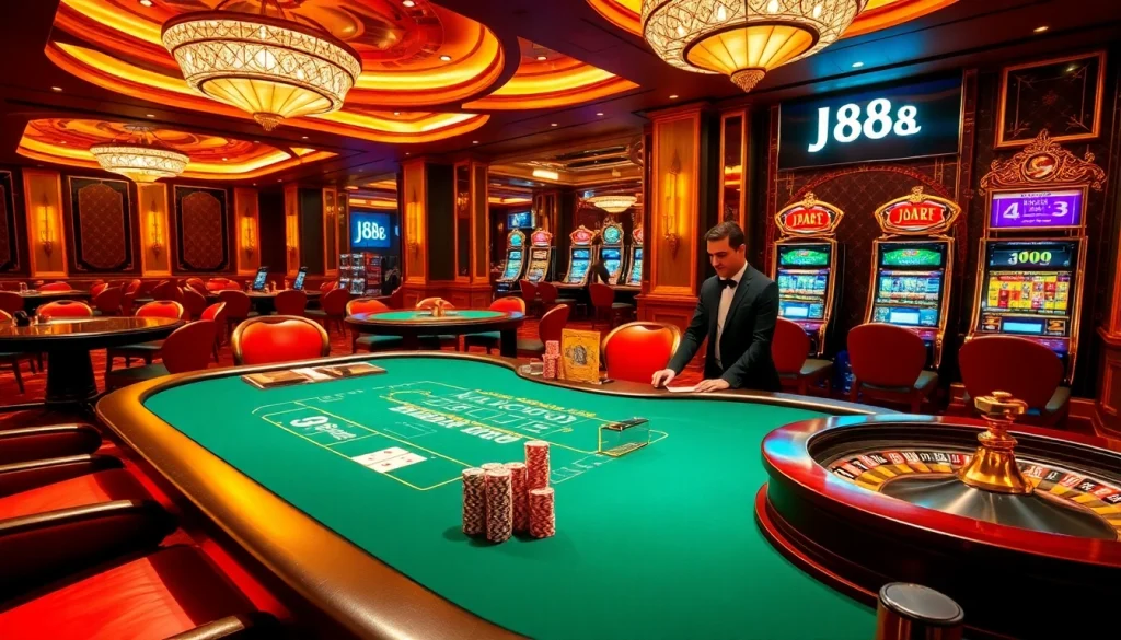 Experience the excitement of J88 at a luxurious casino with vibrant poker and roulette games.