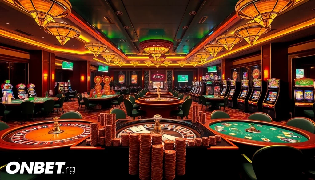 Exciting ONBET online gambling scene with poker tables and roulette wheels showcasing thrilling gameplay.