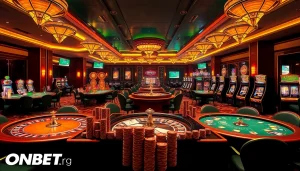 Exciting ONBET online gambling scene with poker tables and roulette wheels showcasing thrilling gameplay.