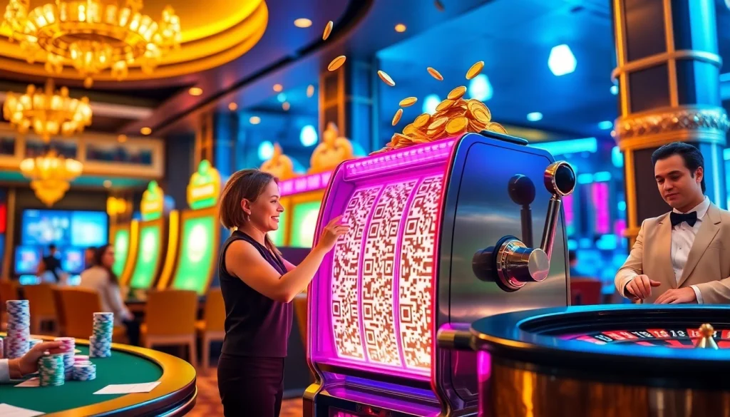 Engaging with a slot qris machine amid a vibrant casino atmosphere.