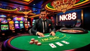 Experience the thrill of NK88 casino gaming with a vibrant blackjack scene featuring elegant dealers and luxurious decor.