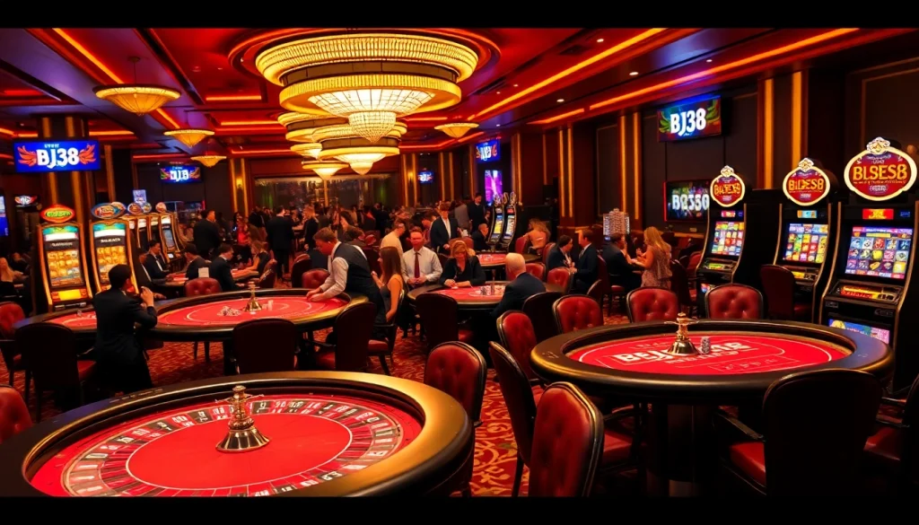 Players enjoying vibrant casino games at BJ38, featuring poker tables, slot machines, and professional dealers.