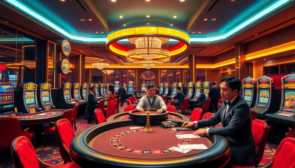 Experience the excitement of gambling at DEBET with luxurious casino tables and vibrant slot machines.