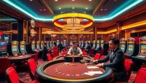 Experience the excitement of gambling at DEBET with luxurious casino tables and vibrant slot machines.
