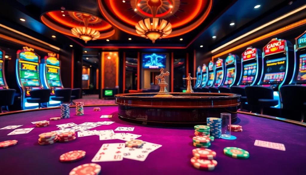 Experience the thrill of game bài đổi thưởng at a luxurious casino with vibrant gaming tables and roulette wheels.