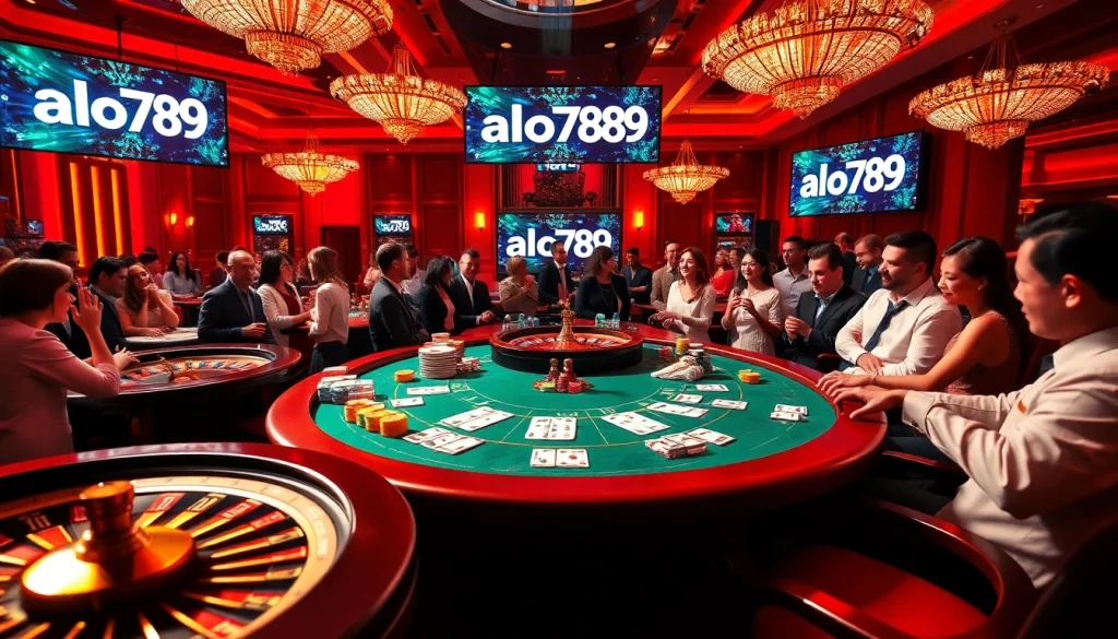 A lively poker game at alo789 showcasing thrilling betting actions and vibrant casino elements.