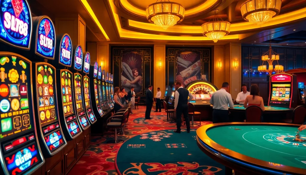 Engage with slot88 scenes featuring vibrant machines and excited gamblers in a luxurious casino.
