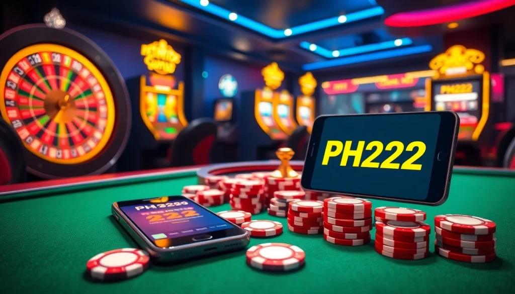 Exciting online gambling scene showcasing PH222 with roulette, slots, and vibrant poker chips.