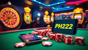 Exciting online gambling scene showcasing PH222 with roulette, slots, and vibrant poker chips.