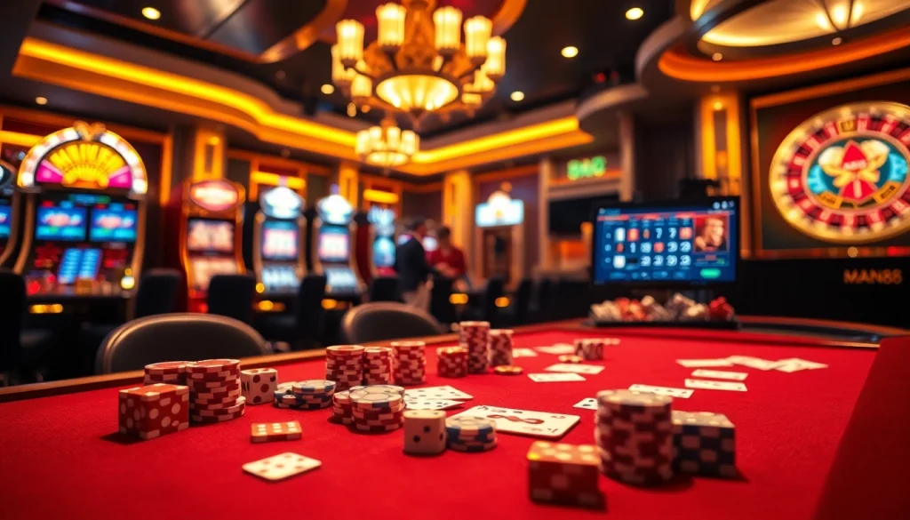 Experience the thrill of the casino with Man88, featuring chips, cards, and a vibrant gaming atmosphere.