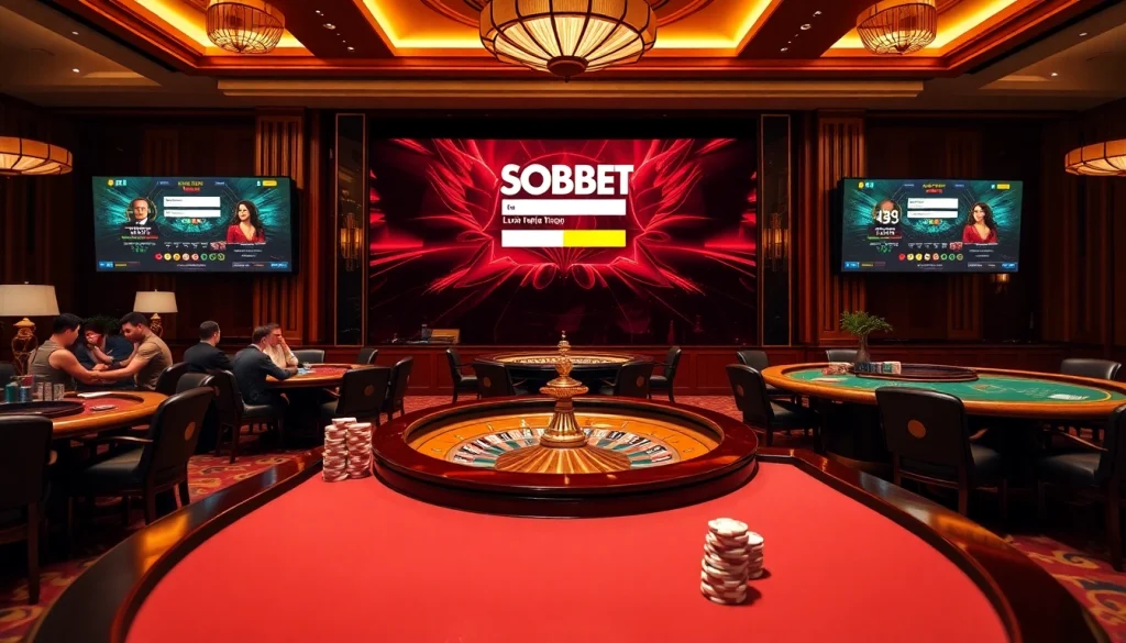 Sbobet login interface amid gambling excitement with poker chips and roulette wheel.