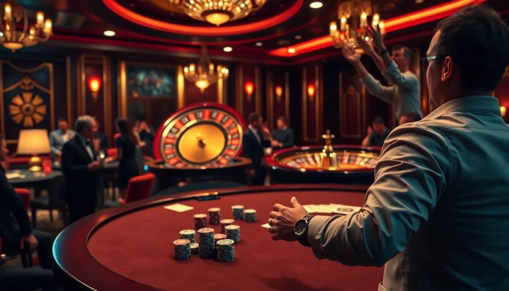 Celebrate a big win55 at a luxurious casino poker table with vibrant ambiance.