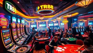 Players enjoying various games at the TR88 casino, including slots and poker tables.